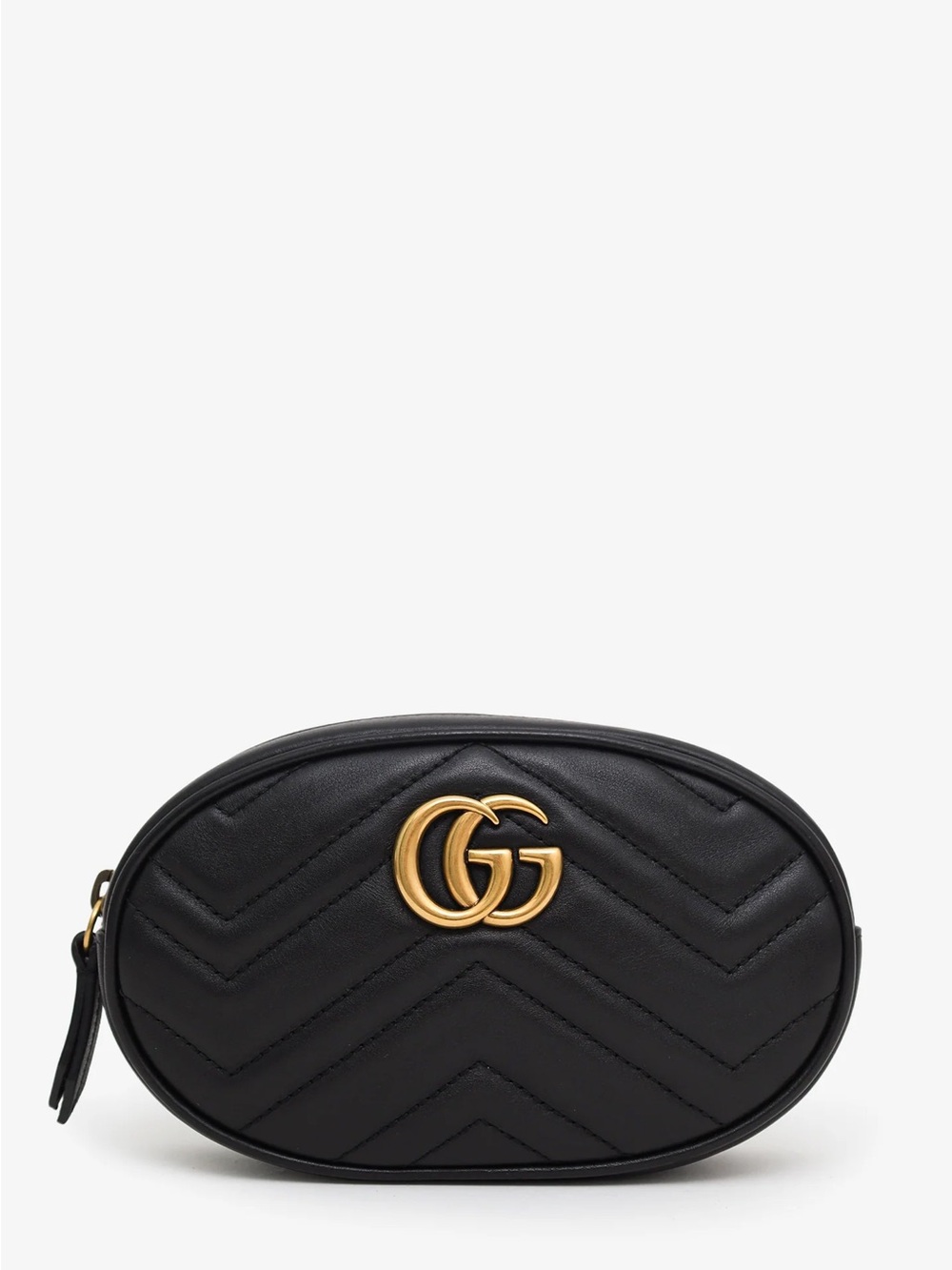 Gucci Black Chevron GG Marmont Oval Belt Bag with Gold Hardware